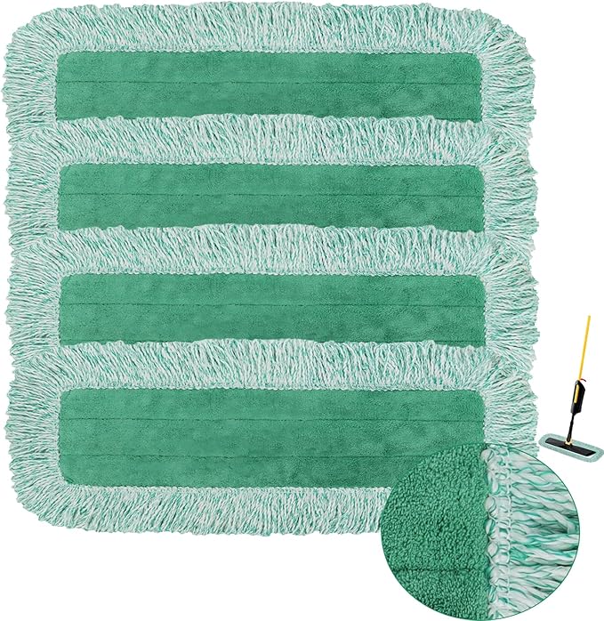 Dust Mop Pads for Rubbermaid Commercial Microfiber Dust Mops - 18 inch Mop Head Replacement with Fringe - Reusable Wet & Dry Cleaning Flat Mops System 18" 17" Refill for Multi-Surface Floor - 4 Pack