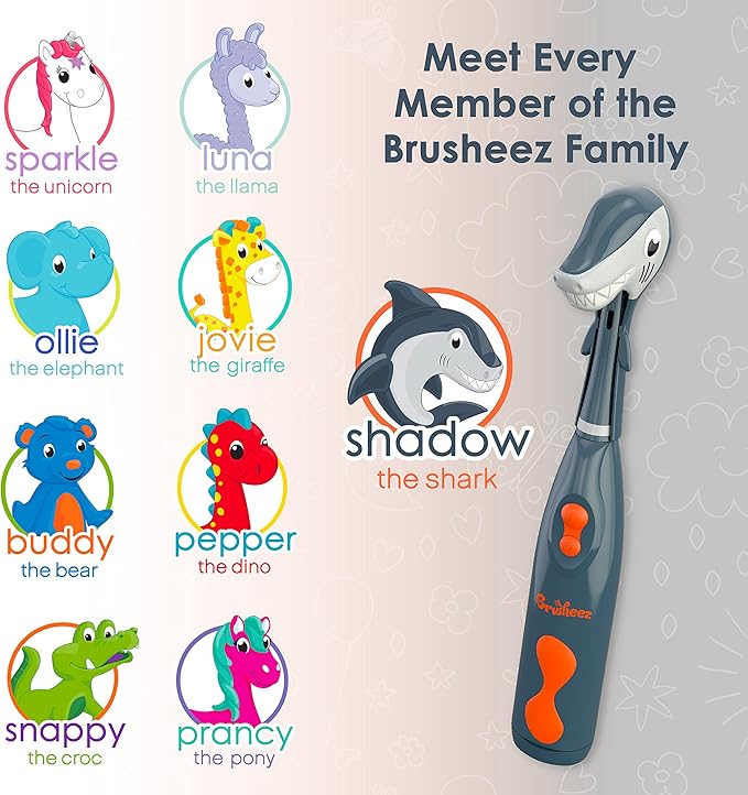 Brusheez Kids’ Electric Toothbrush Set - Safe & Effective for Ages 3+ - Parent Tested & Approved with Gentle Bristles, 2 Brush Heads, Rinse Cup, 2-Minute Timer, & Storage Base (Shadow the Shark)