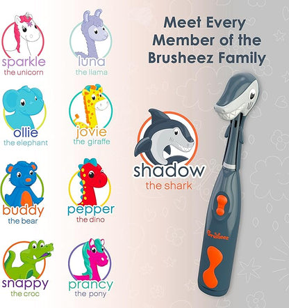 Brusheez Kids’ Electric Toothbrush Set - Safe & Effective for Ages 3+ - Parent Tested & Approved with Gentle Bristles, 2 Brush Heads, Rinse Cup, 2-Minute Timer, & Storage Base (Shadow the Shark)