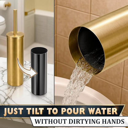 Gold Toilet Brush and Holder Set - Brushed Stainless Steel Gold Toilet Bowl Brush and Holder with Replaceable Head, Removable Inner Bowl, and Splash Protection - Dense Bristles for Thorough Cleaning