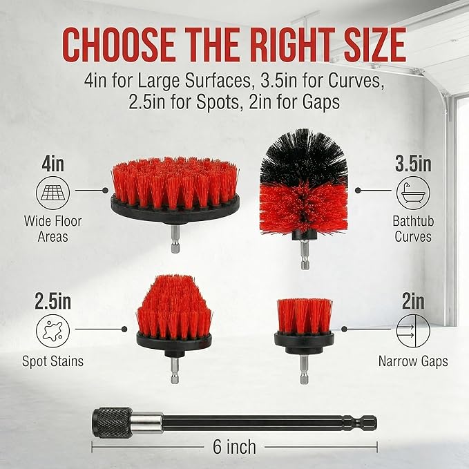 Drill Brush Attachment Set, 5 Pack Power Scrubber Cleaning Brush Kit with Extension Rod for Bathroom, Tub, Tile, Grout, Kitchen, Floor and Wheel Rims (Red)