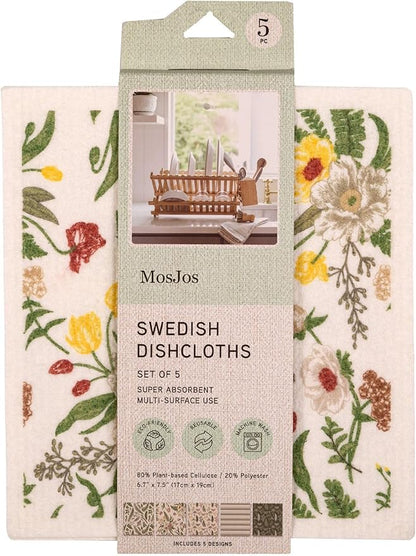 Swedish Dishcloths, Vintage Plant-Based Cellulose, 6.7x7.5 Inch, Super Absorbent, Multi-Surface, Machine Washable, Reusable, 5 Pack (Green)