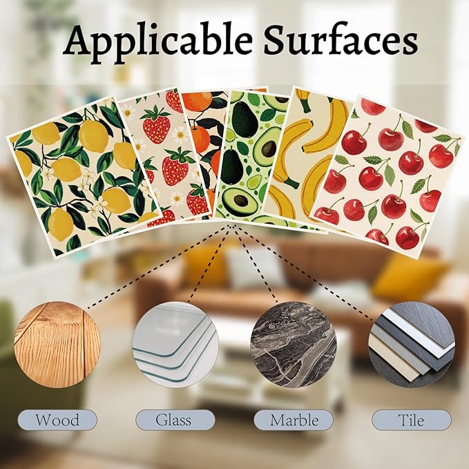 6Pcs 6 Styles Fruit Dish Cloths Swedish Kitchen Dishcloths Reusable Wash Towels Rectangle Cellulose Sponge Cherry Strawberry Lemon Banana Avocado Orange Mixed Pattern for Kitchen Cleaning
