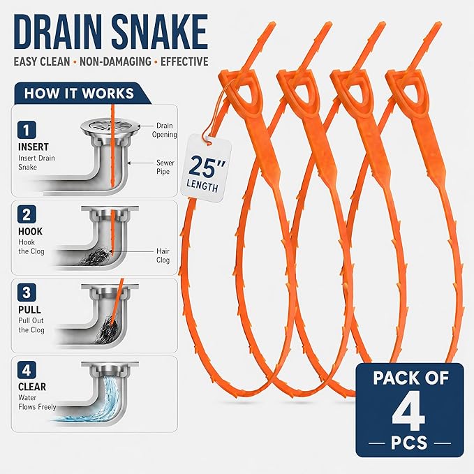 Drain Clog Remover - 4 Pack Flexible Drain Snake Hair Removal Tool, Sink Unclogger, 20" Bendable and Reusable Hair Catcher for Bathroom, Kitchen Sink, Tub, Toilet
