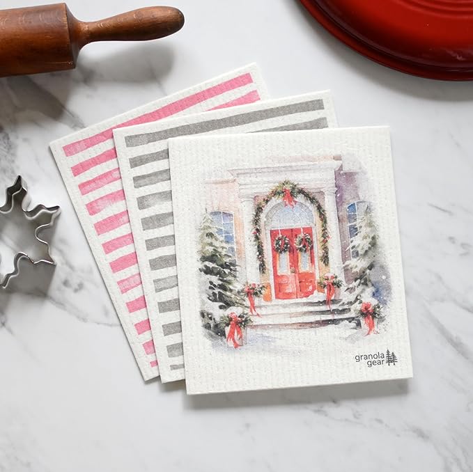 Home by GranolaGear-Christmas Swedish Dishcloths for Kitchen 6-Pack Reusable Paper Towels, Eco-Friendly, Compostable, Biodegradable Dish Wash Cloth Sponge, Winter Holiday Snow Watercolor-Welcome Home