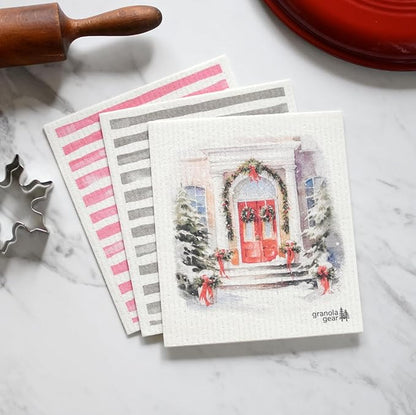 Home by GranolaGear-Christmas Swedish Dishcloths for Kitchen 6-Pack Reusable Paper Towels, Eco-Friendly, Compostable, Biodegradable Dish Wash Cloth Sponge, Winter Holiday Snow Watercolor-Welcome Home