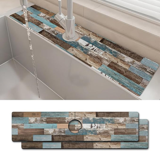 2PCS 24" X 5.5" Kitchen Sink Splash Guard Faucet Mat Wood Grain Super Absorbent Fast Drying Faucet Guard & Draining Mat Sink Splash Guard Behind Faucet for Kitchen, Bathroom