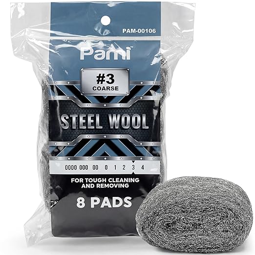 PAMI Pack of 8 Non-Scratch #3 Coarse Steel Wool Pads, Steel Wool Scrubbers, Metal Sponges for Tough Kitchen and Bathroom Cleaning