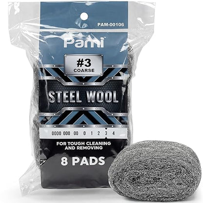 PAMI Pack of 8 Non-Scratch #3 Coarse Steel Wool Pads, Steel Wool Scrubbers, Metal Sponges for Tough Kitchen and Bathroom Cleaning