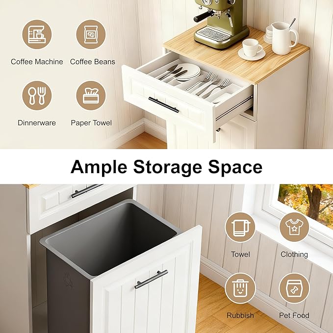 ZIFTY 13 Gallon Pull Out Trash Can Cabinet, Pet Proof Freestanding Kitchen Trash Bin Cabinet with Hideaway Drawer, Wooden Garbage Recycling & Laundry Hamper for Kitchen, Laundry, Living Room, White