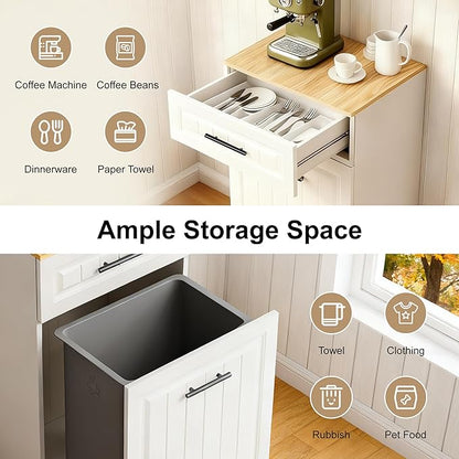 ZIFTY 13 Gallon Pull Out Trash Can Cabinet, Pet Proof Freestanding Kitchen Trash Bin Cabinet with Hideaway Drawer, Wooden Garbage Recycling & Laundry Hamper for Kitchen, Laundry, Living Room, White