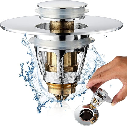 Universal Bathroom Sink Stopper - Stainless Steel Bounce Drain Filter, Pop Up Drain Stopper, Bullet Core Push Type Sink Stopper for Wash Basin, Sink Drain Plug with Anti-Clogging Strainer, Chrome