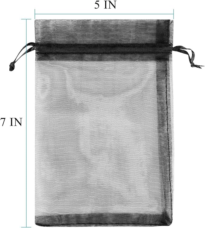 100 Pcs Per Pack 5x7 Gifts Wrap Bags Black, Organza Sheer Fabric, Drawstring Transparent Mesh Bags for Baby Shower Favor,Anniversary,Dried Lavender Flowers,Confetti,Women Lipstick,Halloween,Travel