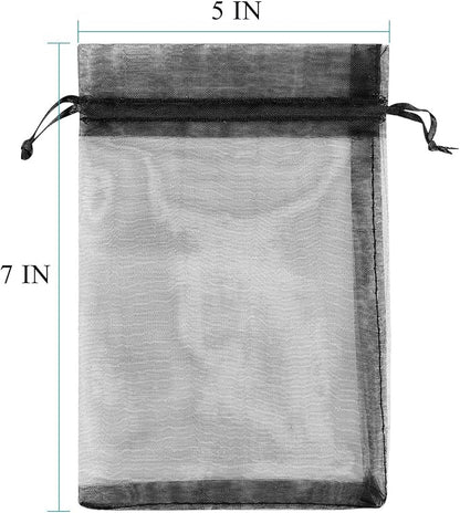 100 Pcs Per Pack 5x7 Gifts Wrap Bags Black, Organza Sheer Fabric, Drawstring Transparent Mesh Bags for Baby Shower Favor,Anniversary,Dried Lavender Flowers,Confetti,Women Lipstick,Halloween,Travel