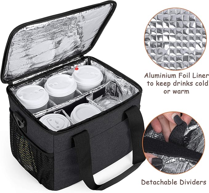 Trunab Reusable 6 Cups Drink Carrier for Delivery Insulated Drink Caddy with Handle and Shoulder Strap, Adjustable Dividers, Beverages Carrier Tote Bag, for Daily Life Takeout, Outdoors, Travel