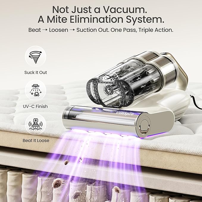 Bed Vacuum Cleaner, 20Kpa Mattress Vacuum Cleaner with 253.7nm UV-C Light & Dual Ultrasonic Tech, 149°F Hot Air, Pet Hair Brush for Cleaning Bed, Sofa, Carpet and Baby Crib
