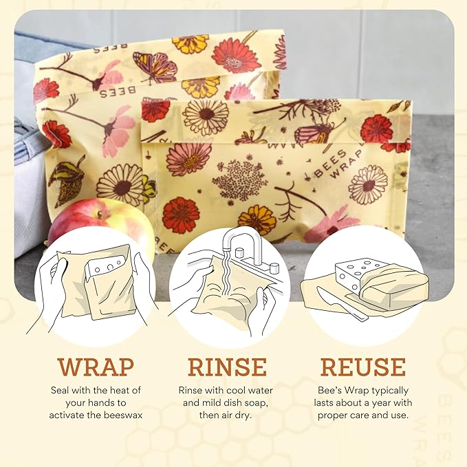 Bee's Wrap Beeswax Wraps for Food - Meadow Magic Sandwich Bag & Snack Bag, Made in USA Reusable & Organic Food Wraps, Sandwich Wrap - Plastic Free Eco-Friendly Alternative to Aluminum Foil