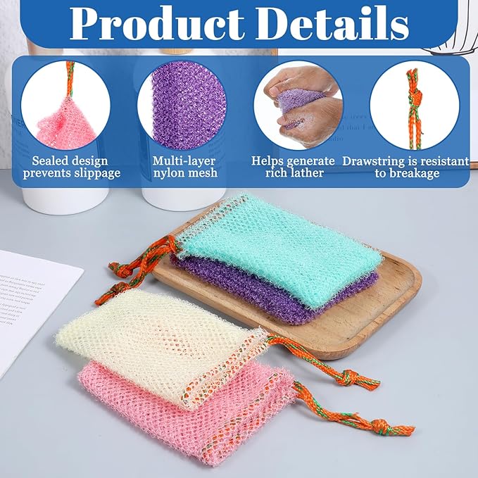 4 Pcs Mesh Bar Soap Pouch, 3.5 x 5.5 Inch Soap Saver Bags with Drawstring Portable Exfoliating Soaps Holder Net for Foaming and Drying Bath Shower (4 Colors)