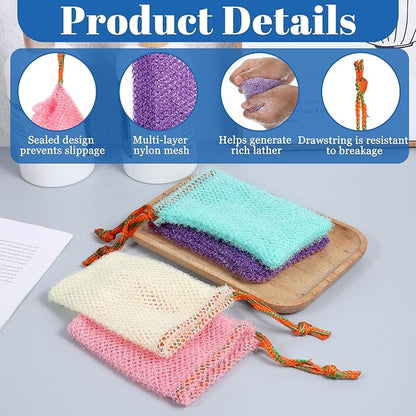 4 Pcs Mesh Bar Soap Pouch, 3.5 x 5.5 Inch Soap Saver Bags with Drawstring Portable Exfoliating Soaps Holder Net for Foaming and Drying Bath Shower (4 Colors)