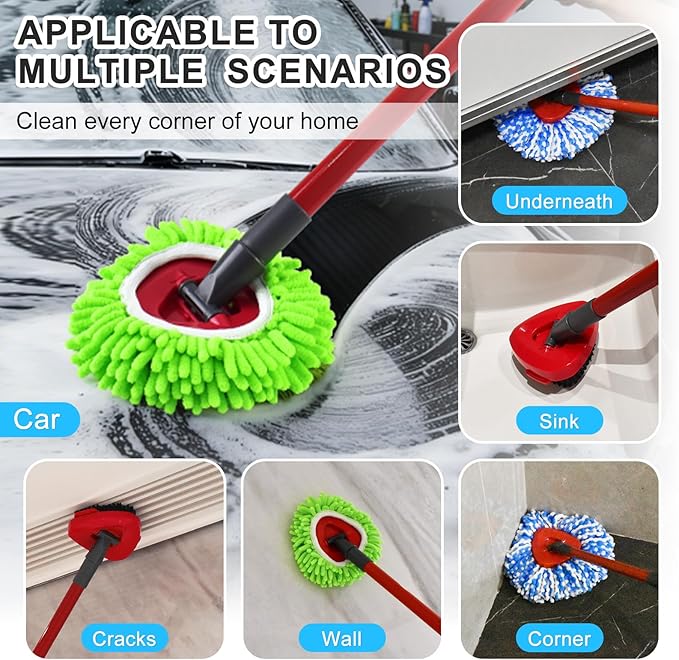 Mop Head Replacement for O Cedar, Spin Mop Replacement Head for Ocedar Easywring 2 Tank System, Mop Heads Includeds 3 Mop Replacement Heads, 2 Spin Scrub Brush, 1 Base & 1 Chenille Pad