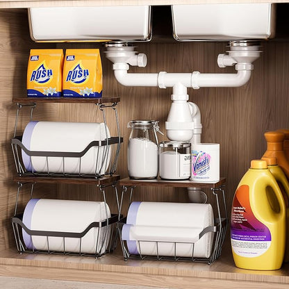 MOJOHAND Large Trash Bag Holder with Wooden Board, Garbage Bag Dispenser Under Sink, Metal Stackable Organizer and Storage for Kictchen Cabinet Pantry