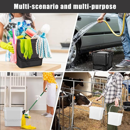 Mifoci 4 Pcs Plastic Bucket 5 Quart Square Cleaning Bucket Utility Small Pail with Handle for House Cleaning Storage Livestock Feeding Car Washing (White,Black)