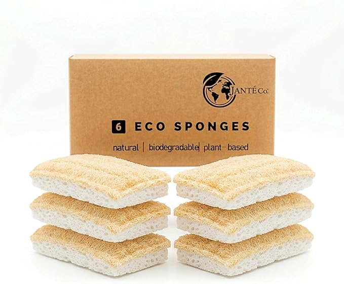 Eco Kitchen Sponges - Plant Based Cellulose & Natural Loofah Scrub Sponge - Biodegradable Dish Sponge - 6 Pack - by Janté Co.