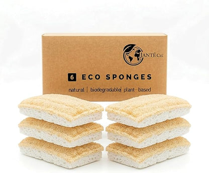 Eco Kitchen Sponges - Plant Based Cellulose & Natural Loofah Scrub Sponge - Biodegradable Dish Sponge - 6 Pack - by Janté Co.