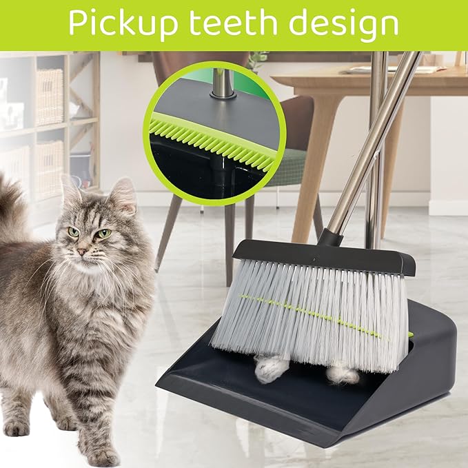 Broom with Dustpan Combo Set with Long Handles - Lightweight Indoor & Outdoor Broom and Dustpan Set for Home & Office - Broom with Stand Up Dustpan and Innovative Dust Collector