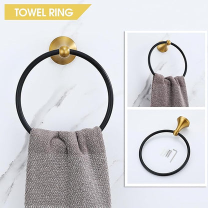 Brushed Gold and Black Bathroom Hardware Set, 4-Piece Black and Gold Bathroom Accessories Kit Stainless Steel 23.6 Inch Towel Bar | Towel Hook | Toilet Paper Holder | Hand Towel Holder