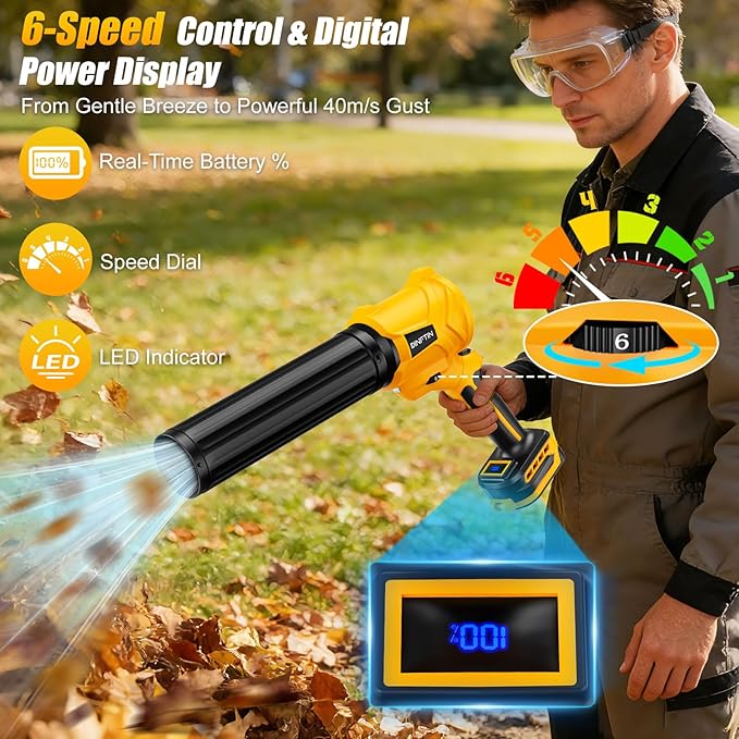 180° Rotatable Cordless Leaf Blower Compatible for DeWalt 20V Battery(Not Included), 90 MPH 6-Speed Handheld Blower with LED & Power Indicator, Extended Nozzle for Lawn, Garage, Car Cleaning
