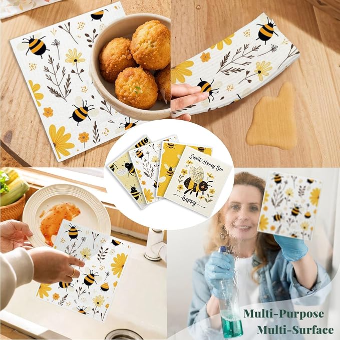 Bee Flower Yellow Swedish Dishcloths for Kitchen, Swedish Dish Cloths for Bee Happy, Papaya Reusable Paper Towels, 4 Pack Dish Towels for Kitchen, Reusable Paper Towels Washable