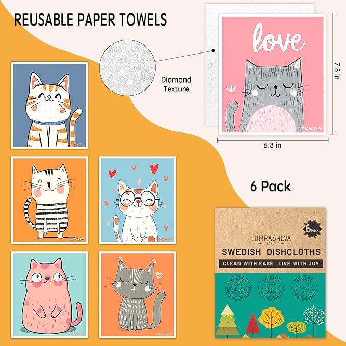 Swedish Dishcloths 6 Pack, Reusable Paper Towels Super Absorbent and Quick Drying for Kitchen, Biodegradable Washable Dish Towels Dishwasher Safe, Premium Cleaning Cloths with Watercolor Design (Cat)