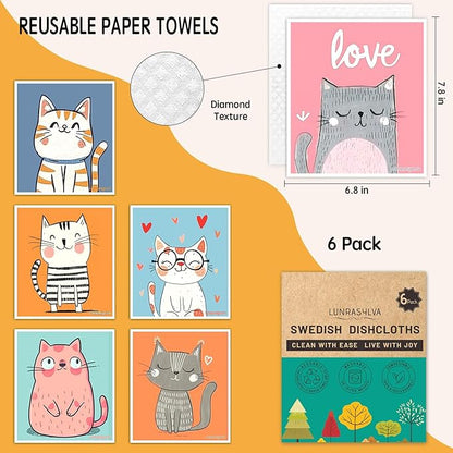 Swedish Dishcloths 6 Pack, Reusable Paper Towels Super Absorbent and Quick Drying for Kitchen, Biodegradable Washable Dish Towels Dishwasher Safe, Premium Cleaning Cloths with Watercolor Design (Cat)