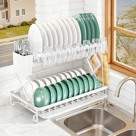2-Tier Dish Racks for Kitchen Counter, Large Dish Drainers for Kitchens Counter Stainless Steel Kitchen Dishes Drying Rack, Space Saving Dishes Strainer for Bowl, Plate, Cup - Modern Counter Organizer