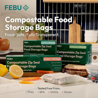 FEBU Sandwich Compostable Food Storage Bags, 180 Count | Certified Home Compostable & Biodegradable | PFAS & BPA Free Zipper Bags | Leak-Proof & Resealable | 6.5"x 5.88”