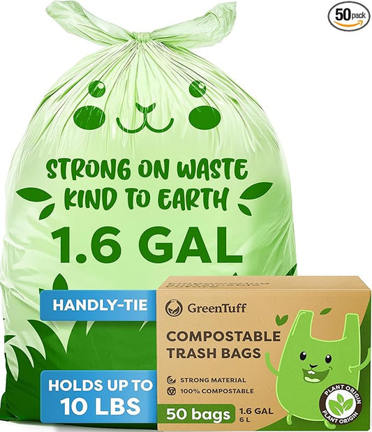 1.6 Gallon Compostable Trash Bags for Bathroom (50 Count) — Small Food Scrap & Bathroom Bin Liners — Thick 0.7 Mil Leak-Resistant Plant-Based Bags — ASTM D6400 BPI Certified