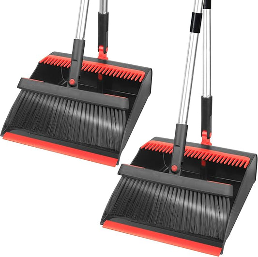 2-Pack Broom and Dustpan Combo Set, with 48" Adjustable Long Stainless Handles, Stand Up Dustpan with Self-Cleaning Teeth, Ideal for Home, Office, Kitchen, Indoor & Outdoor Use, Black