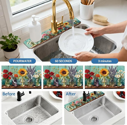 2 Pcs Kitchen Sink Splash Guard Faucet Mats Colored Glass Vases with Plants Pattern Faucet Mat for Sinks Roses Absorbing Drying Mat for Kitchen Bathroom, 23.6x5.5inch