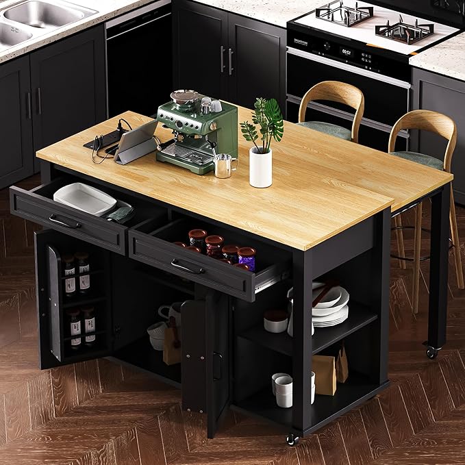 47" Kitchen Island with Extendable Dining Table, Movable Farmhouse Kitchen Islands with Storage Rack, Power Outlet, Island Table on Wheels with 2 Storage Drawers & 2 Cabinets, Black