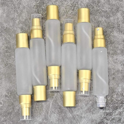 6-Pack Frosted Clear Glass Bottles with Dual Ends – Sprayer & Roller Tops – Leakproof, Quality Essential Oil & Perfume Bottles with Elegant Gold Accents – Refillable Custom Blend Containers