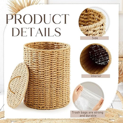 Ctosree 1.3 Gallons Small Trash Can with Lid Handle Boho Woven Braided Bathroom Waste Basket Trash Can with 100 Garbage Bags for Bedroom Office Laundry(Braided Paper Rope, Primary Color)