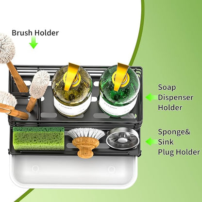 Cisily Black Sponge Holder for Kitchen, Sink Caddy Sink Organizer Rack for Kitchen Accessories with Drip Tray, Rustproof and Non-slip, Soap Dispenser Countertop Organizer Essentials for New Home