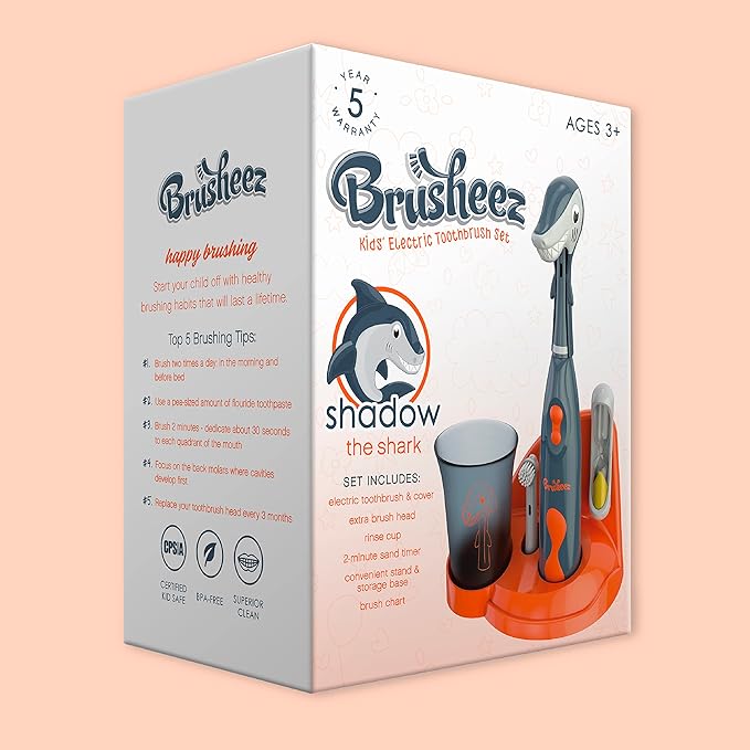 Brusheez Kids’ Electric Toothbrush Set - Safe & Effective for Ages 3+ - Parent Tested & Approved with Gentle Bristles, 2 Brush Heads, Rinse Cup, 2-Minute Timer, & Storage Base (Shadow the Shark)