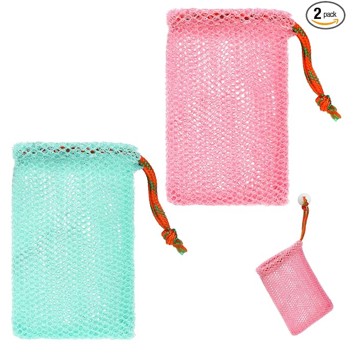 2 Pack Soap Savers for Bar Soap Exfoliating Net Mesh for Shower Holder Mesh Foaming bag for Bath and Shower(2 Colors, 5.5 x 3.5 In)
