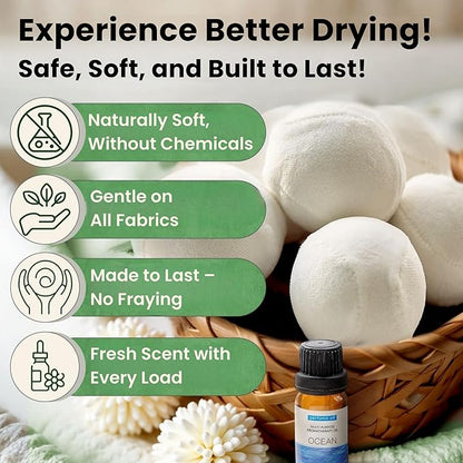 Wool Dryer Balls - Lint-Free - 6XL Pack - 1000+ Loads - Premium Natural Fabric Softener - Reduces Drying Time & Static - Includes Essential Oil - with Storage Bag
