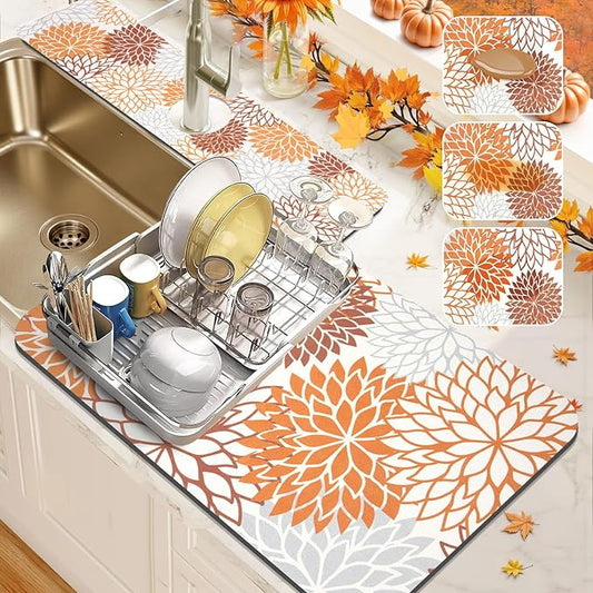 Findosom 2PCS 16" x 24" Fall Dish Drying Mat & 24" x 5.5" Sink Splash Guard, Super Absorbent & Cuttable Dish Mat Drying Kitchen Mat with Orange Floral, Hide Stain Drying Mat for Kitchen Counter
