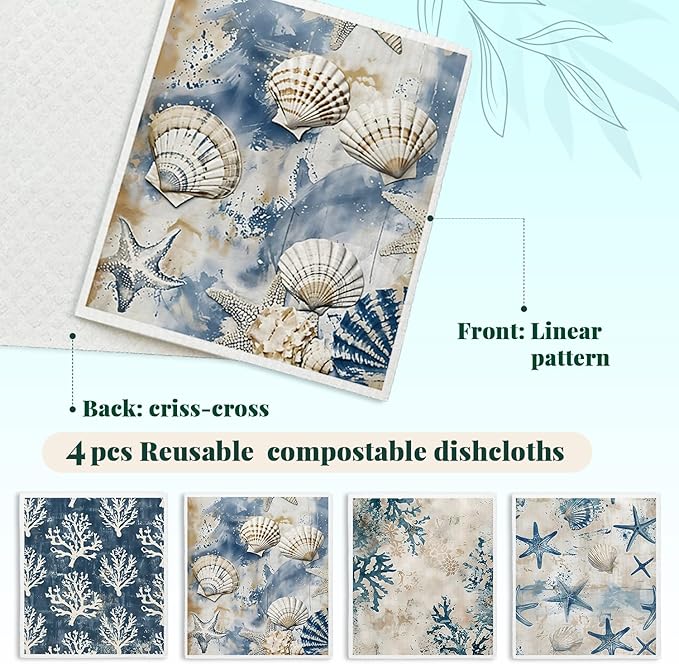 Beach Ocean Swedish Dishcloths for Kitchen, Shells Starfish Swedish Dish Cloths for Ocean, 4 Pack Dish Towels for Kitchen, Papaya Reusable Paper Towels Washable