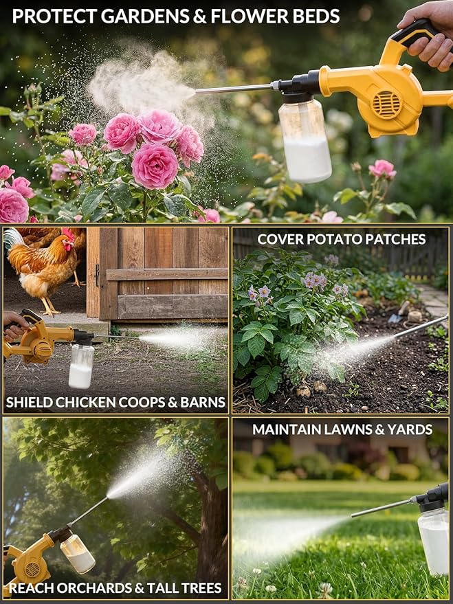 Electric Diatomaceous Earth Duster [Battery Included], 5-Speed Powder Sprayer for Potato & Tomato Maintenance, 1L Capacity, Precision Applicator for Garden, Chicken Coop and Barn
