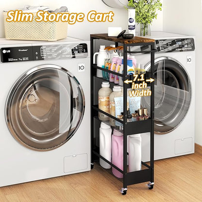 7.1" Wide Slim Rolling Utility Cart, 4 Tier Metal Narrow Storage Cart with Handle and Wood Top, Multifunctional Small Mobile Shelf Unit Organizer Trolley for Laundry, Bathroom, Kitchen